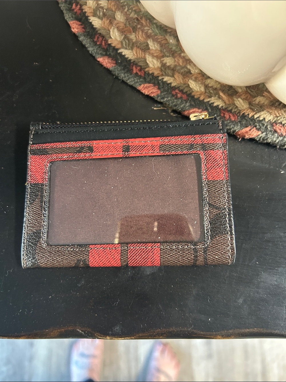 Coach Red Plaid Card Case with Black Trim and Gold Logo - Picture 3 of 6